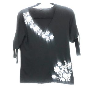 Talbots black vneck embroidered floral sweater Sm
